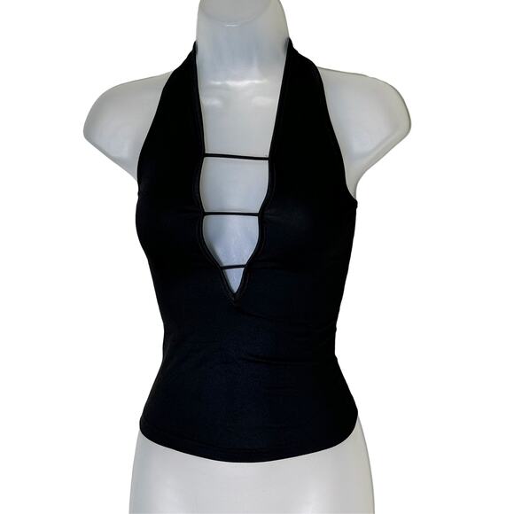 New Small Black Halter Cutout Top Strappy Front Open Sexy Sleeveless Tank Y2k - Picture 2 of 4